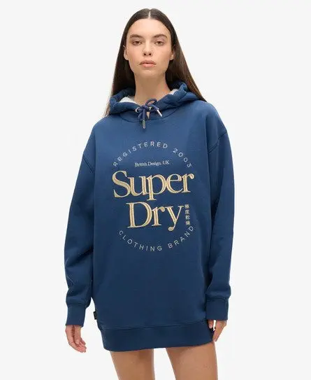 Superdry Women's Luxe Metallic Logo Hooded Dress Dark Blue / Sargasso Sea Blue -