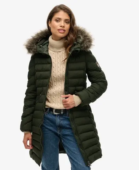 Superdry Women's Fuji Faux Fur Hood Mid Length Green / Surplus Goods Olive Green -