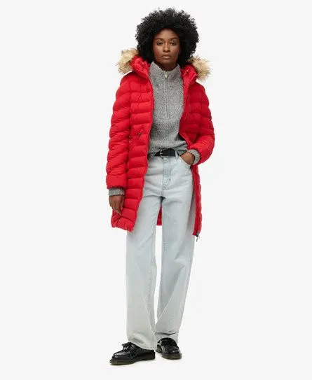 Superdry Women's Fuji Faux Fur Hood Mid Length Red -