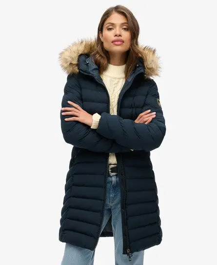 Superdry Women's Fuji Faux Fur Hood Mid Length Navy / Eclipse Navy -