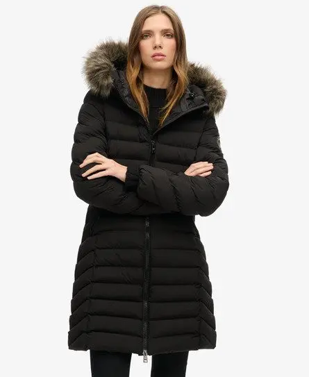 Superdry Women's Fuji Faux Fur Hood Mid Length Black -