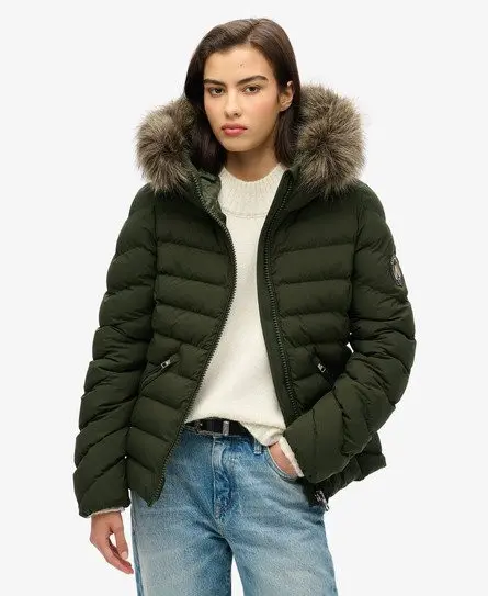 Superdry Women's Fuji Faux Fur Hooded Padded Jacket Green / Surplus Goods Olive Green -