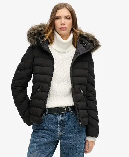 Superdry Women's Fuji Faux Fur Hooded Padded Jacket Black -