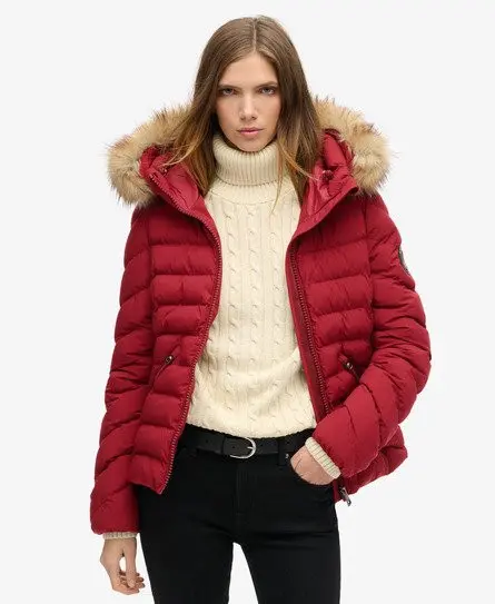 Superdry Women's Fuji Faux Fur Hooded Padded Jacket Red / Stanton Red -