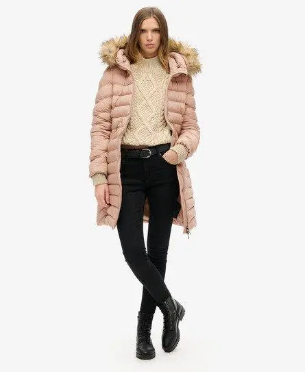 Superdry Women's Fuji Faux Fur Hood Mid Length Cream / Winter Taupe -