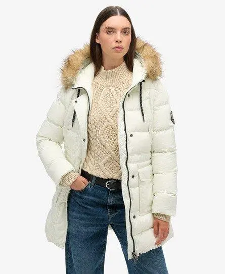 Superdry Women's Everest Mid Faux Fur Puffer Coat White / Off White - 