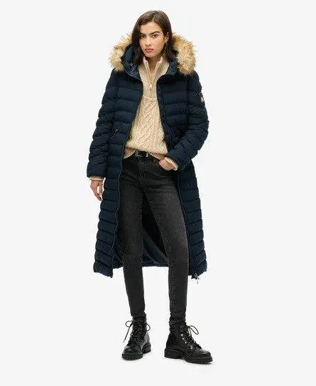 Superdry Women's Fuji Faux Fur Hooded Longline Jacket Navy / Eclipse Navy - 