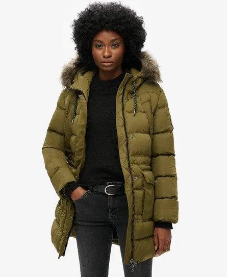 Superdry Women's Everest Mid Faux Fur Puffer Jacket Green / Dark Olive -