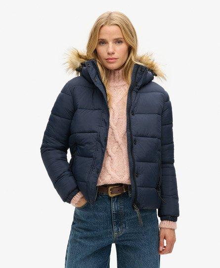 Superdry Women's Classic Faux Fur Short Hooded Puffer Jacket, Navy Blue, 