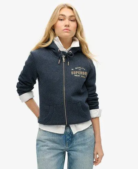 Superdry Women's Luxe Metallic Logo Zip Hoodie Navy / Trench Navy Marl -