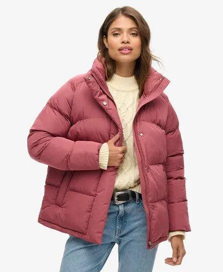 Superdry Women's Mid Length Puffer Jacket Pink / Roan Rouge Burgundy -