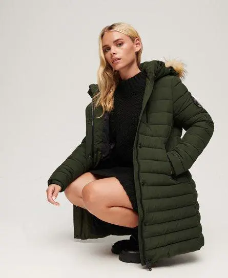 Superdry Women's Fuji Hooded Mid Length Puffer Coat Green / Dark Moss Green -