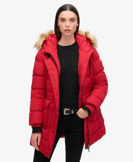 Superdry Women's Everest Mid Faux Fur Puffer Jacket Red / Barndoor Red -