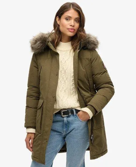 Superdry Women's Everest Faux Fur Parka Jacket Green / Dark Olive -