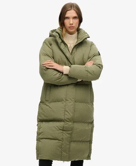 Superdry Women's Hooded Longline Puffer Coat Khaki / Wild Khaki -