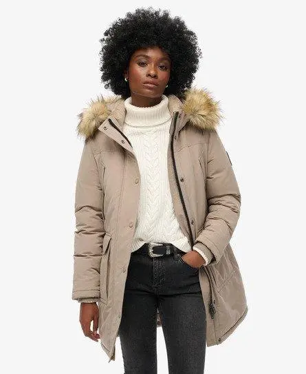 Pockets For Women Superdry Women s Classic Logo Patch Everest Faux Fur Hooded Parka Coat Dark Grey