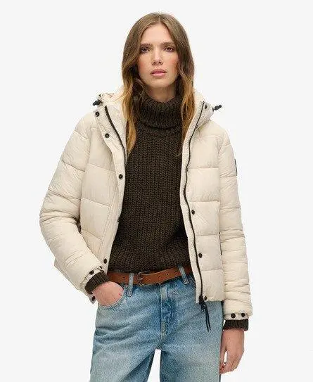 Superdry Women's Faux Fur Short Hooded Puffer Jacket Beige / Rainy Day Grey -