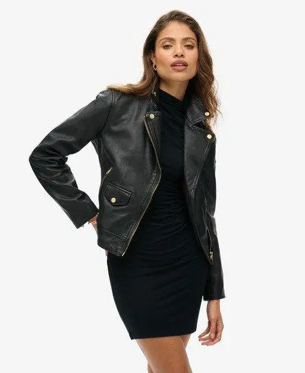 Superdry Ladies Slim Fit Studded Leather Biker Jacket, Black,