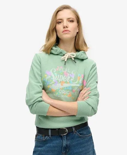 Superdry Women's Real Originals Floral Hoodie Green / Granite Green -