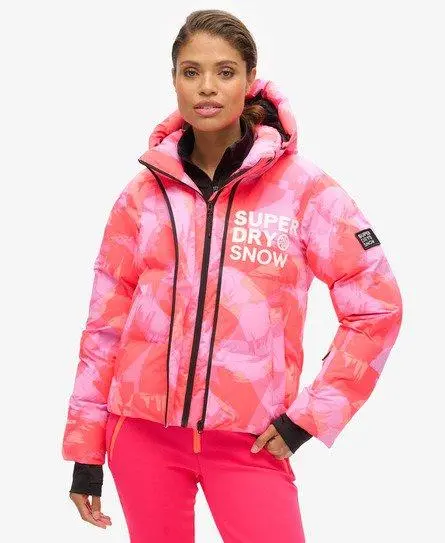 Superdry Women's Sport Hooded Ski Boxy Puffer Jacket Pink / Brush Camo Coral -