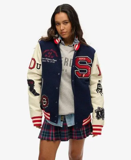 Superdry Women's Oversized College Varsity Patched Bomber Jacket Navy / Atlantic Navy -