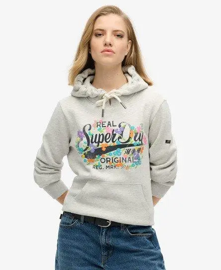 Superdry Women's Real Originals Floral Hoodie Light Grey / Glacier Grey Marl -