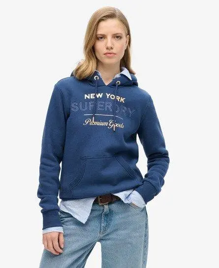 Superdry Women's Luxe Metallic Logo Hoodie Dark Blue / Sargasso Sea Blue -