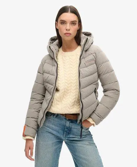 Superdry Women's Hooded Microfibre Padded Jacket Grey / Winter Stone Grey -