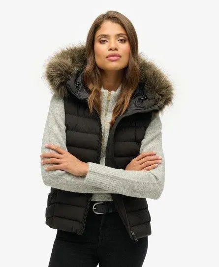 Superdry Women's Fuji Faux Fur Hooded Gilet Black -