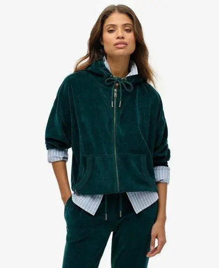 Superdry Women's Velour Zip Hoodie Green / Dark Pine Green -