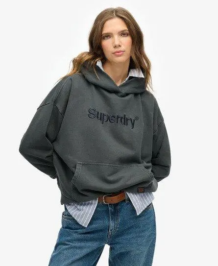 Superdry Women's Embroidered Core Logo Relaxed Hoodie Dark Grey / Ebony -