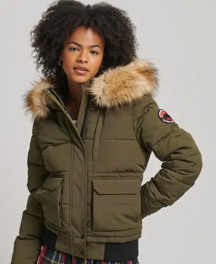 Superdry Women's Everest Hooded Puffer Bomber Jacket Green / Surplus Goods Olive - 