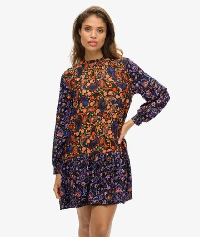 Superdry Women's Paisley Print High Neck Mini Dress, Purple & Orange,