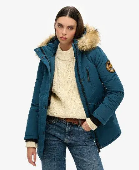 Superdry Women's Hooded Everest Faux Fur Parka Coat Light Blue / Ocean Blue - 