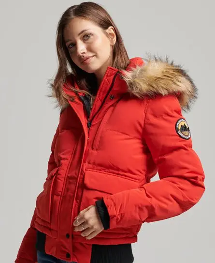 Superdry Women's Everest Hooded Puffer Bomber Jacket Red / High Risk Red - 