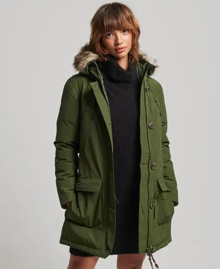 Superdry Women's Hooded Faux Fur Down Parka Coat Green / Rifle Green - 