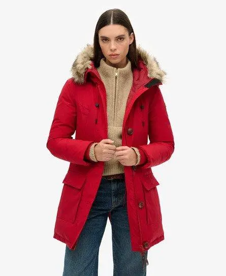 Superdry Women's Hooded Faux Fur Down Parka Coat Red / Chilli Pepper - 