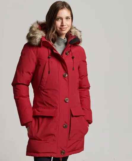 Superdry Women's Hooded Faux Fur Down Parka Coat Red / Chilli Pepper - 