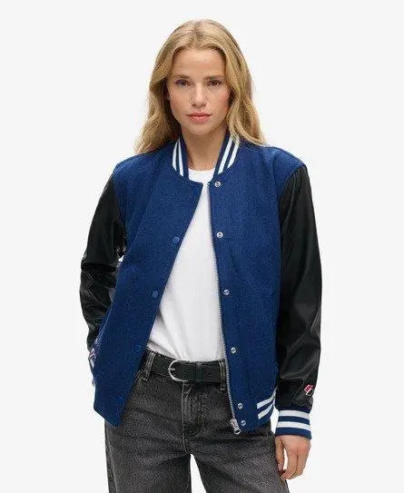 Superdry Women's Wool Varsity Baseball Jacket Blue / Varsity Arch Colourblock - 