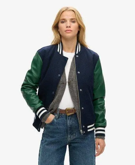 Superdry Women's Wool Varsity Baseball Jacket Navy / Dark Green/Deep Navy - 