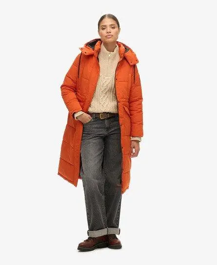 Superdry Women's Everest Longline Puffer Coat Orange / Pureed Pumpkin - 