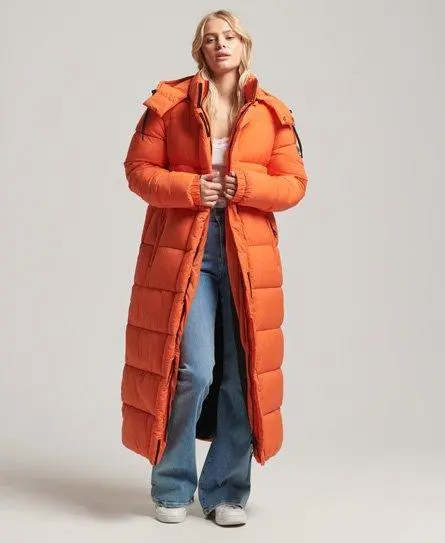 Superdry Women's Ripstop Longline Puffer Jacket Orange / Orange Grid - 