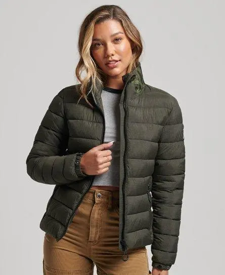 Superdry Women's Classic Logo Puffer Jacket Green / Football Grid Khaki - 