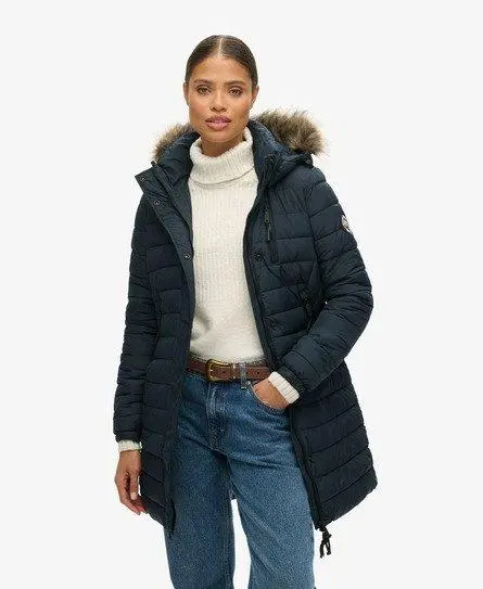 Superdry Women's Faux Fur Hooded Mid Length Puffer Jacket Navy / Eclipse Navy - 