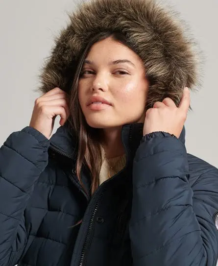 Superdry Women's Faux Fur Hooded Mid Length Puffer Jacket Navy / Eclipse Navy - 
