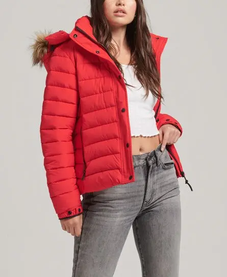 Superdry Women's Faux Fur Short Hooded Puffer Jacket Red / High Risk Red - 