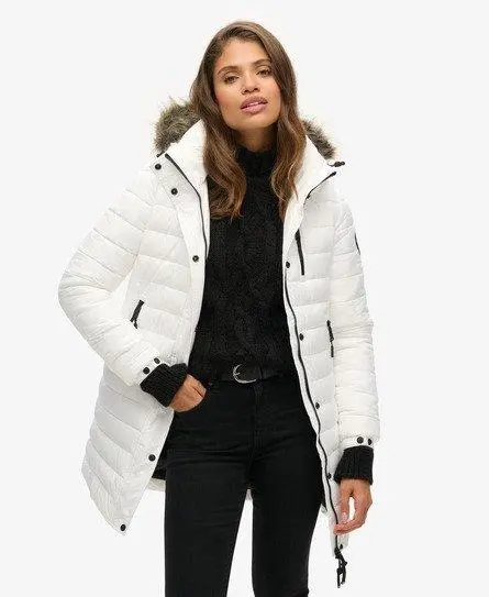 Superdry Women's Faux Fur Hooded Mid Length Puffer Jacket White - 