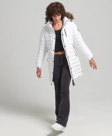 Superdry Women's Faux Fur Hooded Mid Length Puffer Jacket White - 