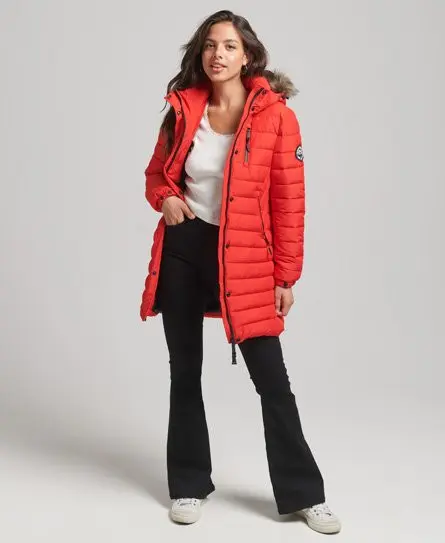 Superdry Women's Faux Fur Hooded Mid Length Puffer Jacket Red / High Risk Red - 