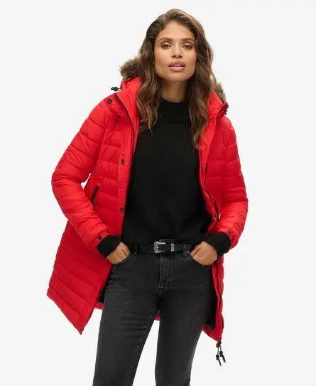 Superdry Women's Faux Fur Hooded Mid Length Puffer Jacket Red / High Risk Red - 